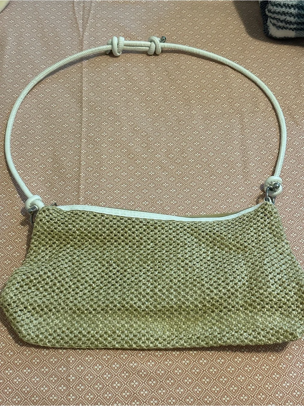 Natural Woven Shoulder Bag with White Strap Beach bag